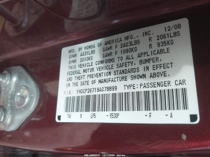 2009 Honda Accord 2.4 Ex VIN: 1HGCP26719A078899 Lot: 43962337