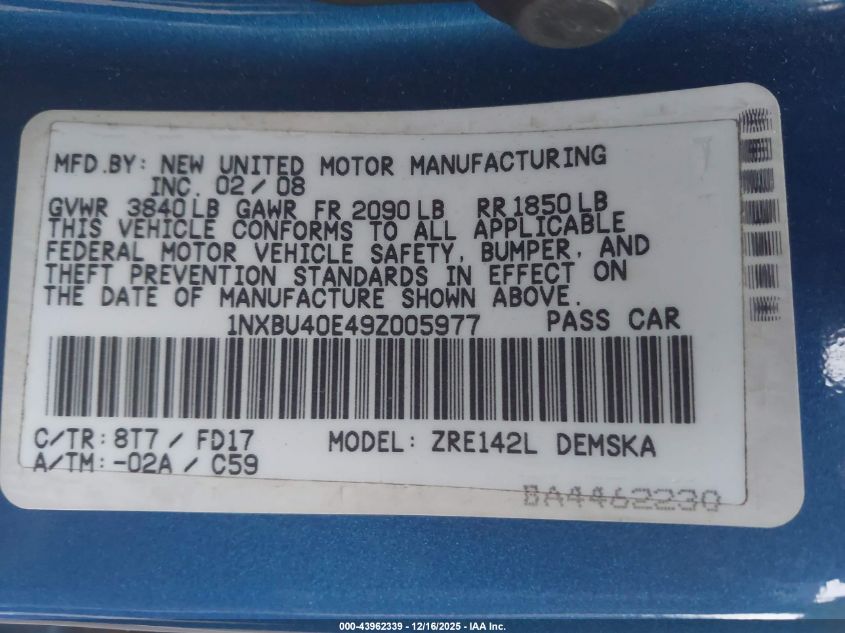 2009 Toyota Corolla S VIN: 1NXBU40E49Z005977 Lot: 43962339
