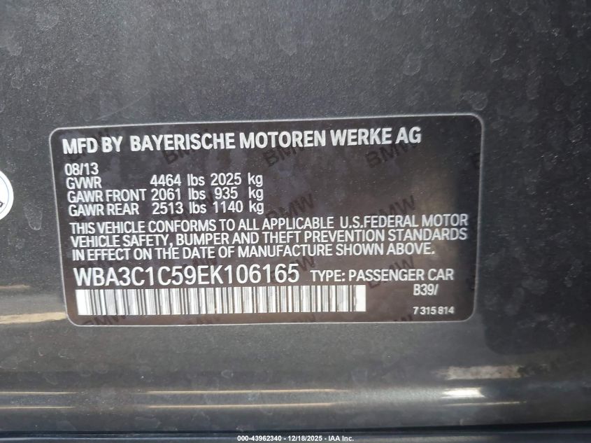 2014 BMW 328I VIN: WBA3C1C59EK106165 Lot: 43962340