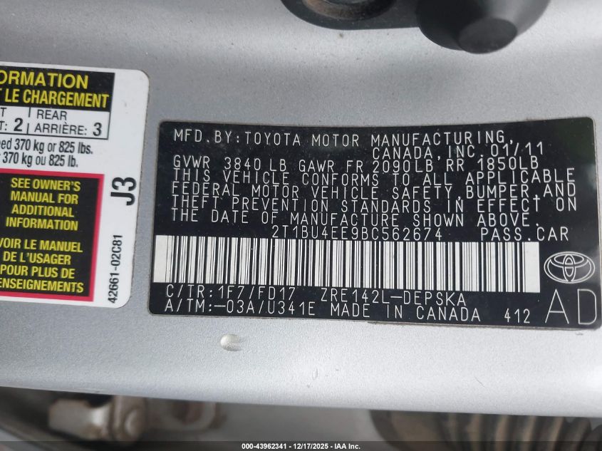 2011 Toyota Corolla S VIN: 2T1BU4EE9BC562674 Lot: 43962341