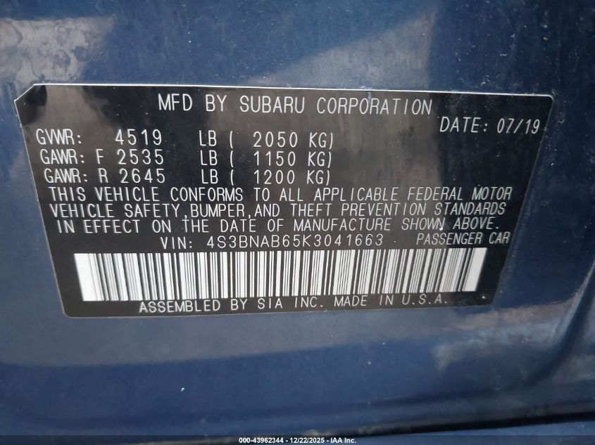 2019 Subaru Legacy 2.5I VIN: 4S3BNAB65K3041663 Lot: 43962344