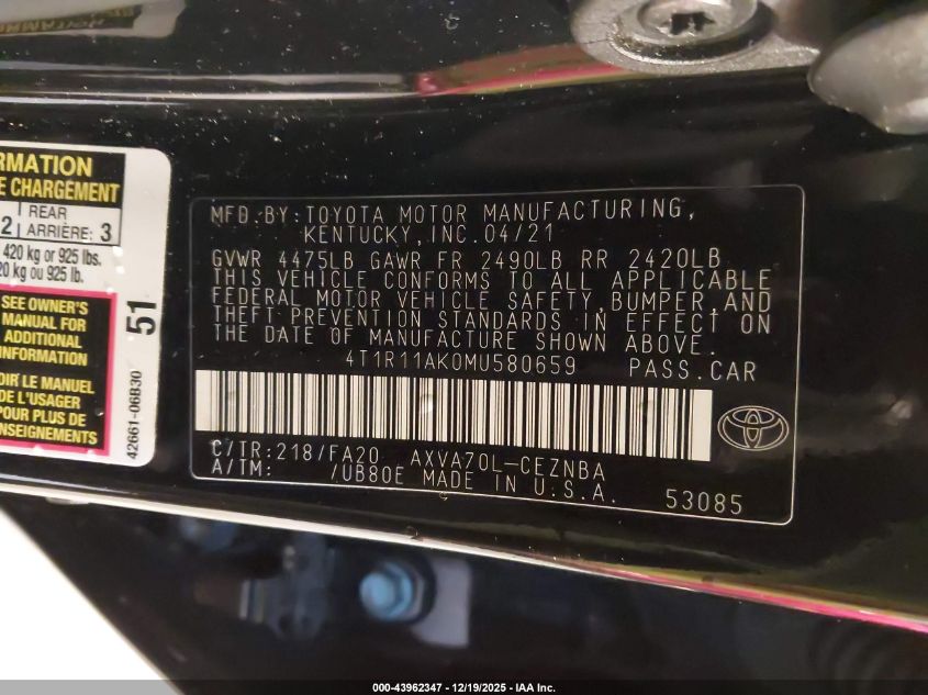 2021 Toyota Camry Le VIN: 4T1R11AK0MU580659 Lot: 43962347