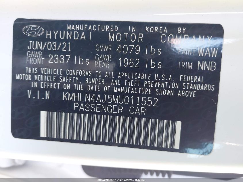 2021 Hyundai Elantra Hybrid Limited VIN: KMHLN4AJ5MU011552 Lot: 43962357