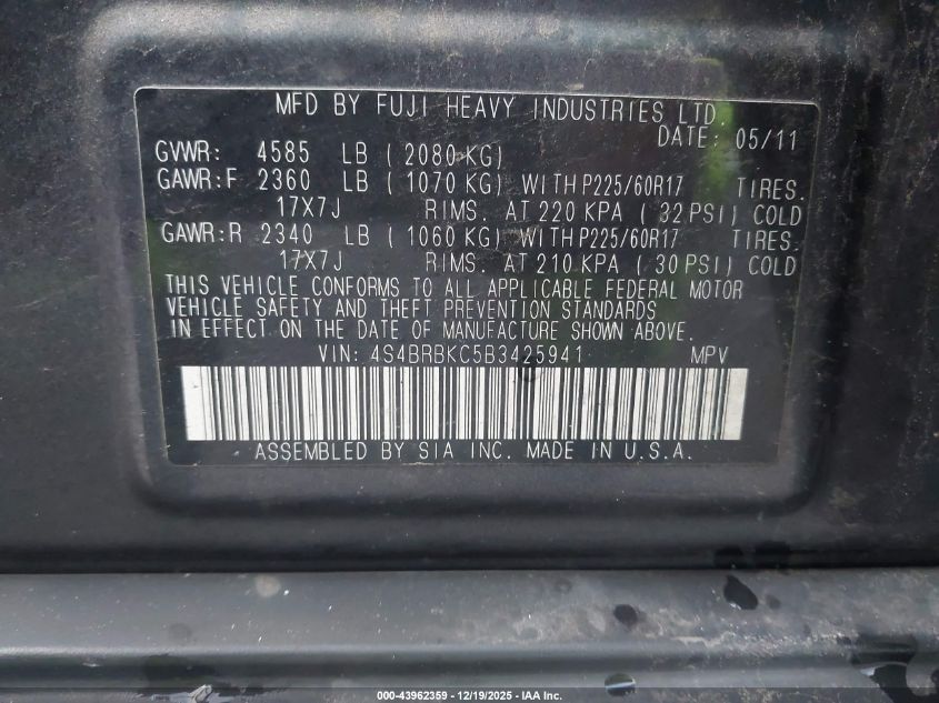 2011 Subaru Outback 2.5I Limited VIN: 4S4BRBKC5B3425941 Lot: 43962359