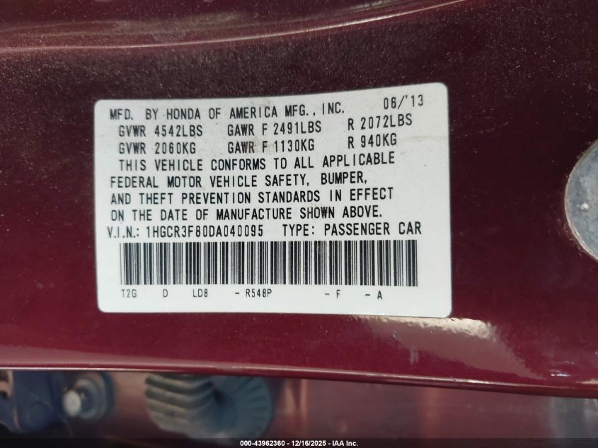 2013 Honda Accord Ex-L V-6 VIN: 1HGCR3F80DA040095 Lot: 43962360