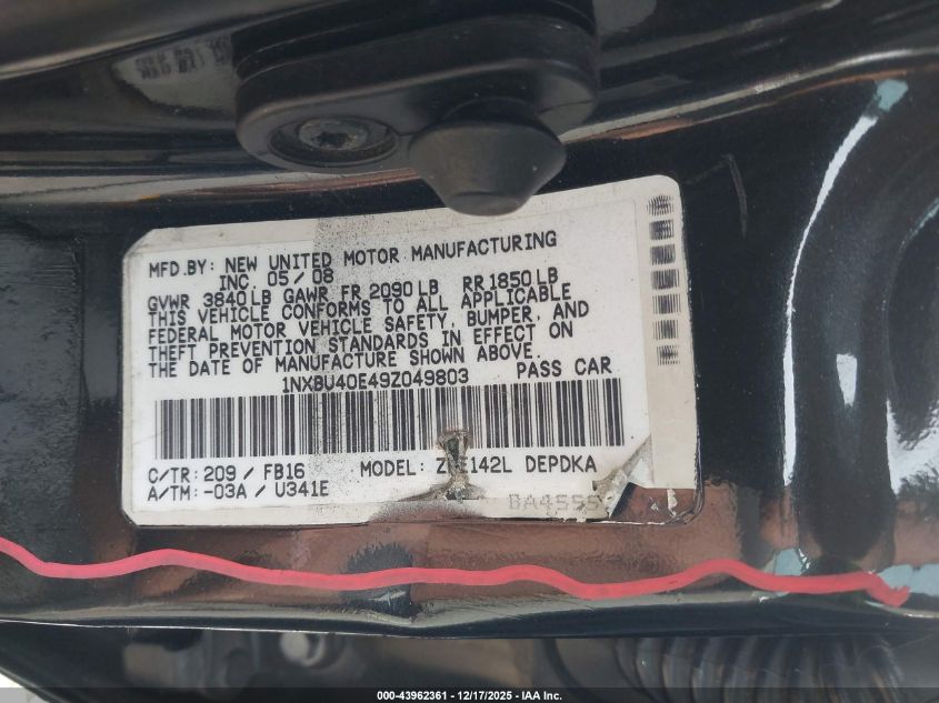 2009 Toyota Corolla Le VIN: 1NXBU40E49Z049803 Lot: 43962361