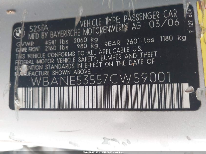 2007 BMW 525 I VIN: WBANE53557CW59001 Lot: 43962362