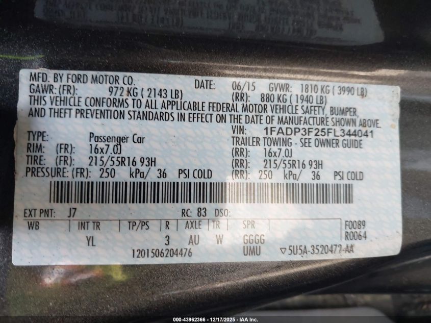 2015 Ford Focus Se VIN: 1FADP3F25FL344041 Lot: 43962366