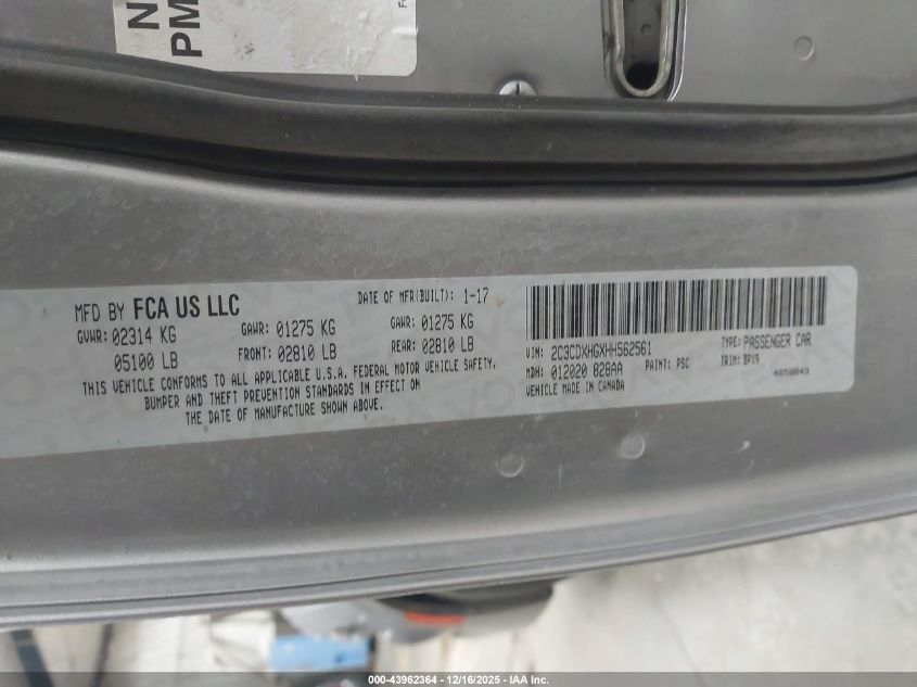 2017 Dodge Charger Sxt Rwd VIN: 2C3CDXHGXHH562561 Lot: 43962364