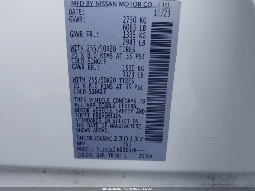 2024 Nissan Pathfinder Platinum VIN: 5N1DR3DK8RC230137 Lot: 43962363