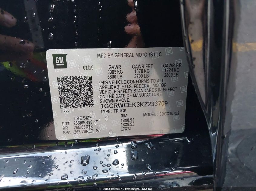 2019 Chevrolet Silverado 1500 Lt VIN: 1GCRWCEK3KZ233709 Lot: 43962367