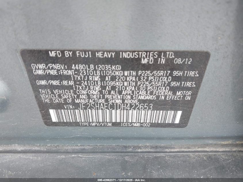 2013 Subaru Forester 2.5X Limited VIN: JF2SHAEC1DH422653 Lot: 43962371