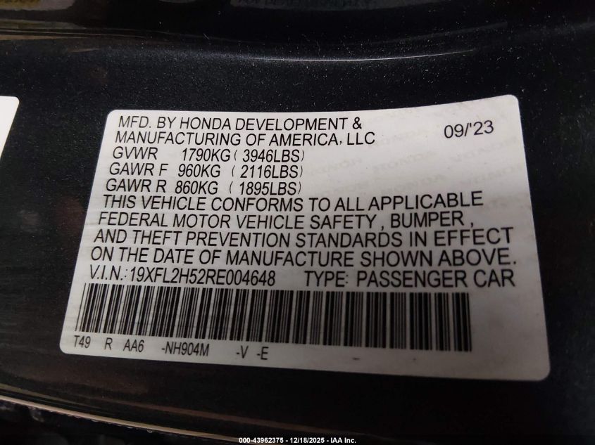 2024 Honda Civic Lx VIN: 19XFL2H52RE004648 Lot: 43962375