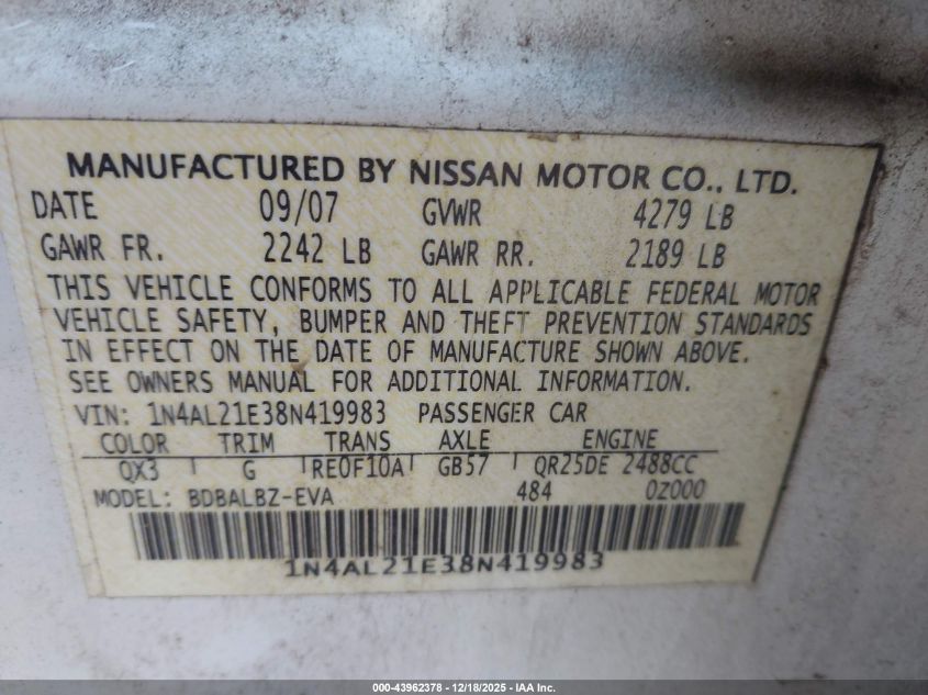 2008 Nissan Altima 2.5 S VIN: 1N4AL21E38N419983 Lot: 43962378