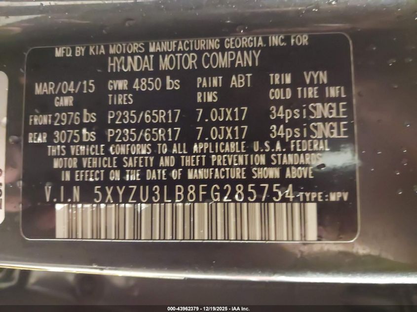 2015 Hyundai Santa Fe Sport 2.4L VIN: 5XYZU3LB8FG285754 Lot: 43962379