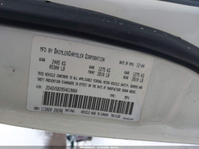 2005 Dodge Magnum Rt VIN: 2D4GV58295H619060 Lot: 43962387