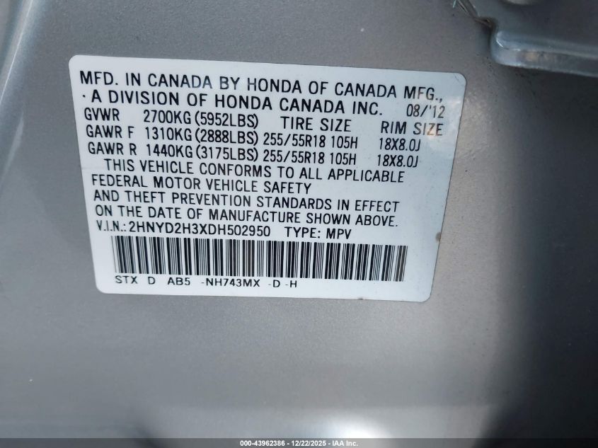 2013 Acura Mdx Technology Package VIN: 2HNYD2H3XDH502950 Lot: 43962386
