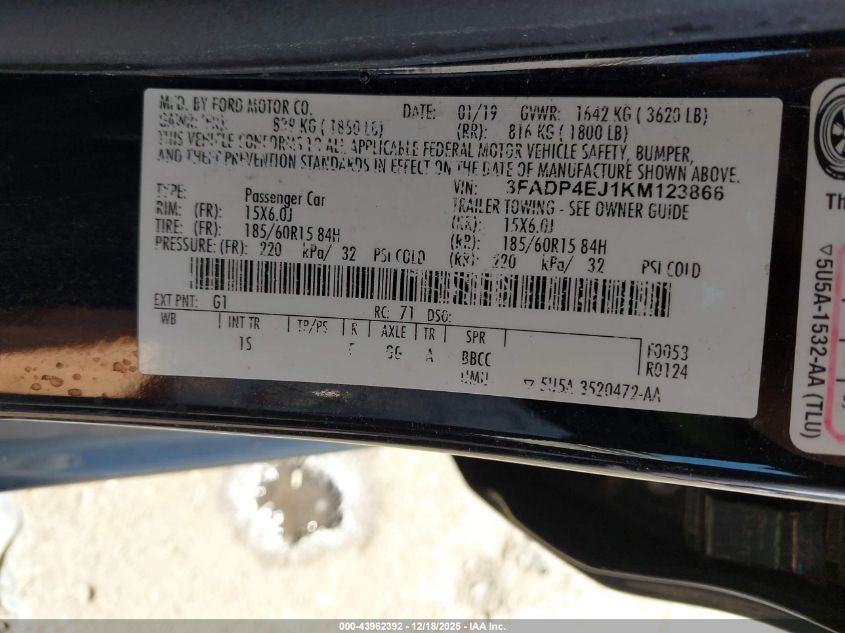 2019 Ford Fiesta Se VIN: 3FADP4EJ1KM123866 Lot: 43962392