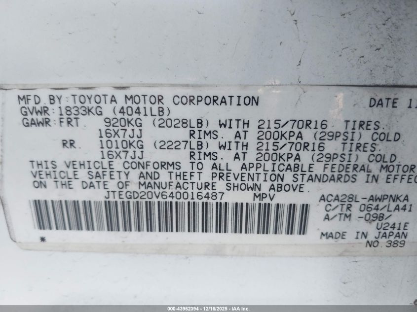 2004 Toyota Rav4 VIN: JTEGD20V640016487 Lot: 43962394