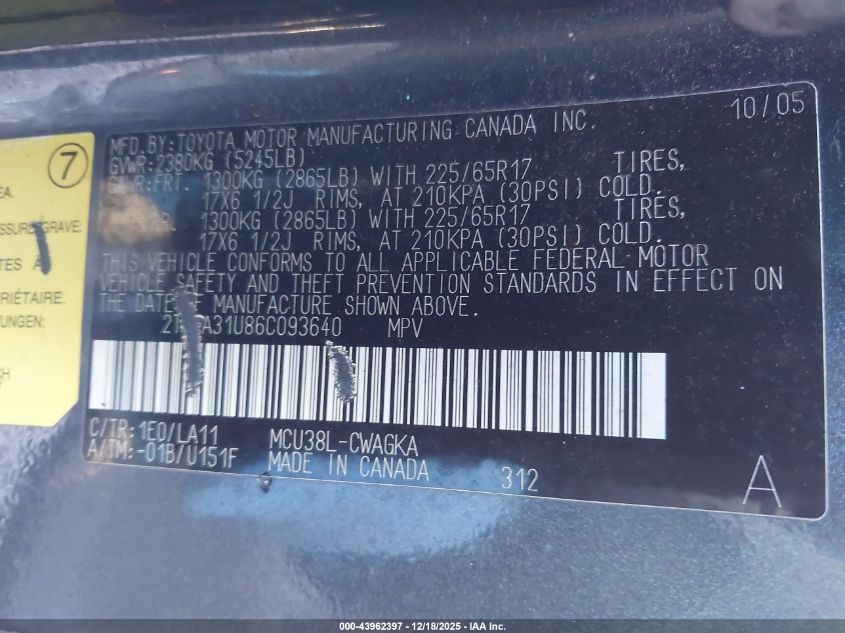 2006 Lexus Rx 330 VIN: 2T2HA31U86C093640 Lot: 43962397