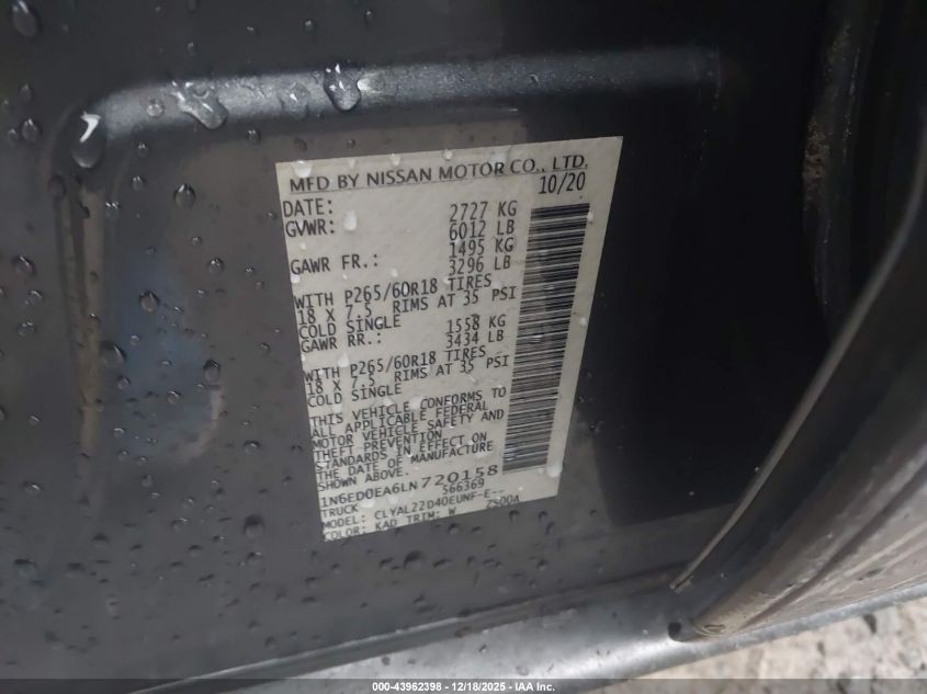 2020 Nissan Frontier Sv 4X2 VIN: 1N6ED0EA6LN720158 Lot: 43962398