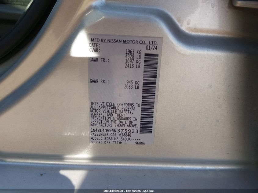 2024 Nissan Altima Sv Fwd VIN: 1N4BL4DV9RN375923 Lot: 43962400