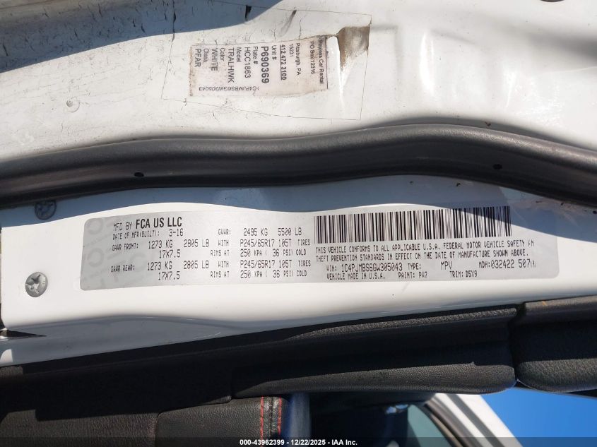 2016 Jeep Cherokee Trailhawk VIN: 1C4PJMBS6GW305043 Lot: 43962399