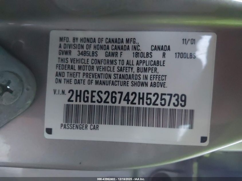 2002 Honda Civic Ex VIN: 2HGES26742H525739 Lot: 43962403
