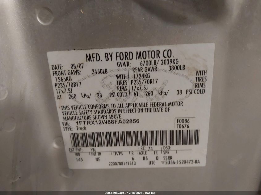 2008 Ford F-150 Xlt VIN: 1FTRX12W88FA02856 Lot: 43962404