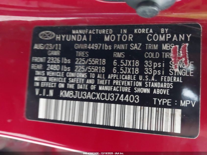 2012 Hyundai Tucson Limited VIN: KM8JU3ACXCU374403 Lot: 43962406