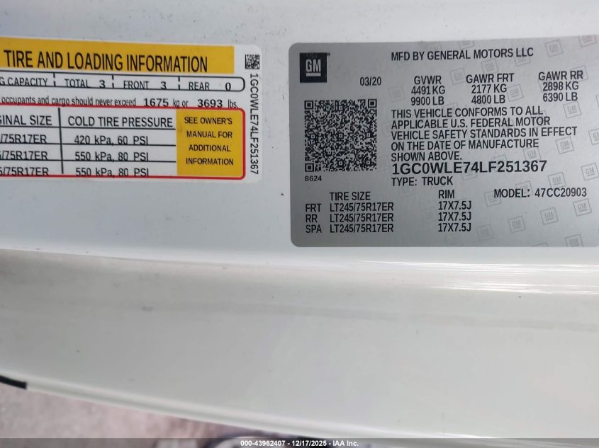 2020 Chevrolet Silverado 2500Hd 2Wd Long Bed Wt VIN: 1GC0WLE74LF251367 Lot: 43962407