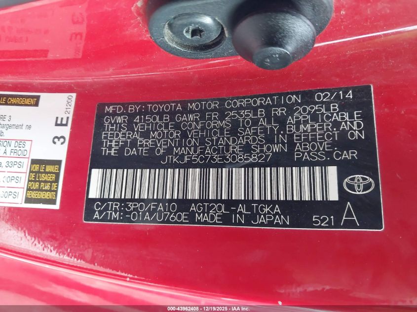 2014 Scion Tc VIN: JTKJF5C73E3085827 Lot: 43962408