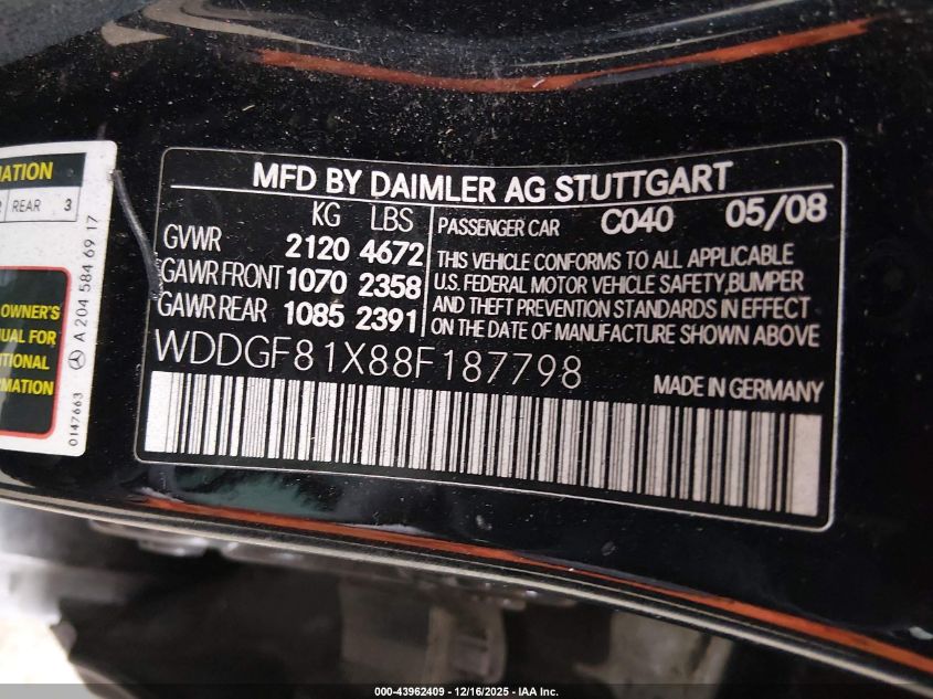 2008 Mercedes-Benz C 300 Luxury 4Matic/Sport 4Matic VIN: WDDGF81X88F187798 Lot: 43962409