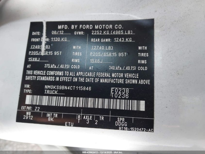 2012 Ford Transit Connect Xlt VIN: NM0KS9BN4CT115846 Lot: 43962413