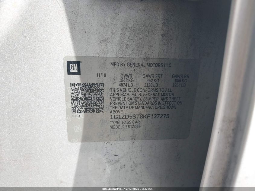 2019 Chevrolet Malibu Lt VIN: 1G1ZD5ST8KF137275 Lot: 43962414