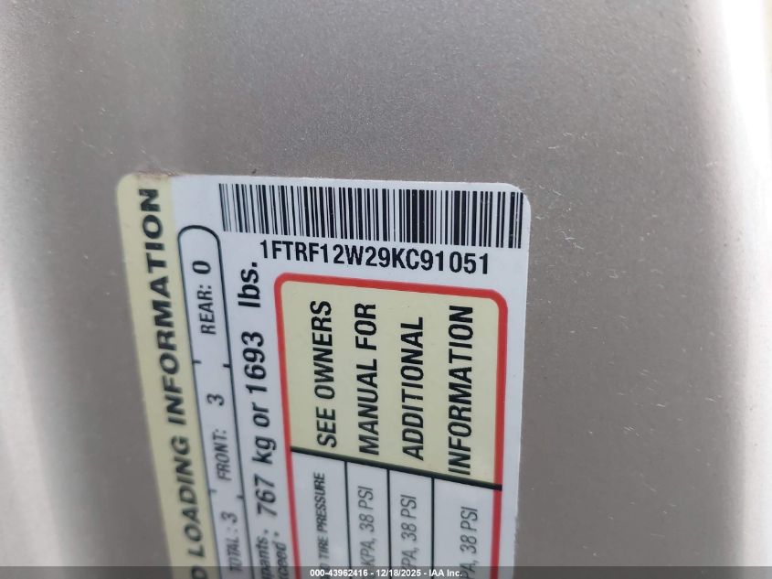 2009 Ford F-150 Stx/Xl/Xlt VIN: 1FTRF12W29KC91051 Lot: 43962416