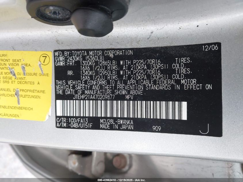 2007 Toyota Highlander V6 VIN: JTEHP21A470209877 Lot: 43962418