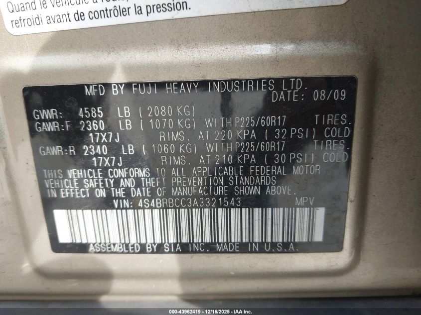 2010 Subaru Outback 2.5I Premium VIN: 4S4BRBCC3A3321543 Lot: 43962419