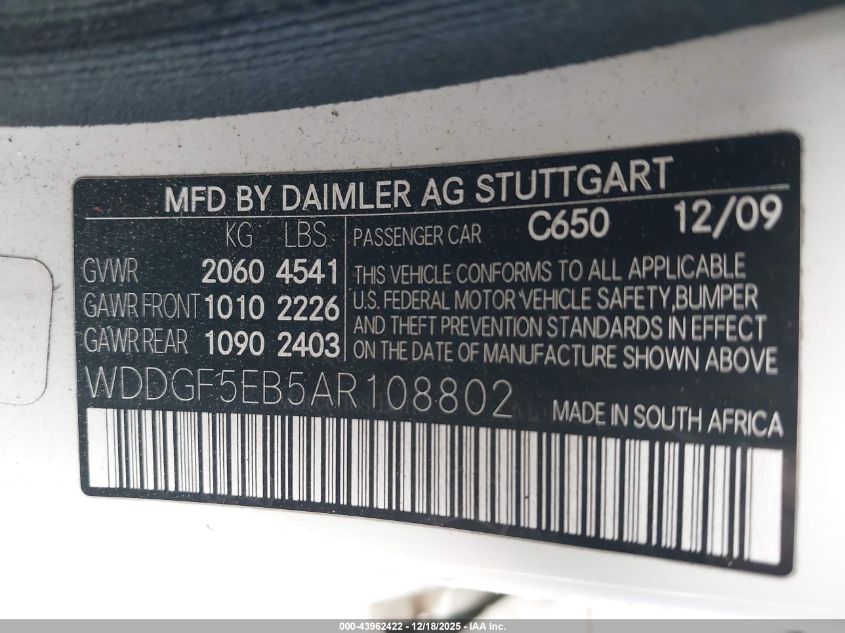 2010 Mercedes-Benz C 300 Sport VIN: WDDGF5EB5AR108802 Lot: 43962422