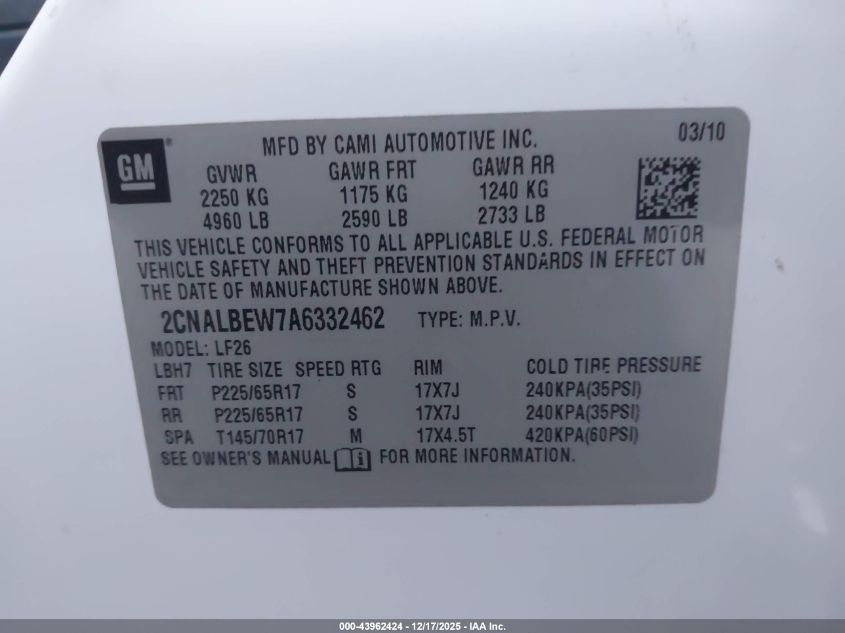 2010 Chevrolet Equinox Ls VIN: 2CNALBEW7A6332462 Lot: 43962424