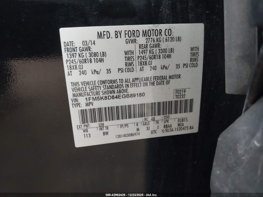 2014 Ford Explorer Xlt VIN: 1FM5K8D84EGB89180 Lot: 43962426