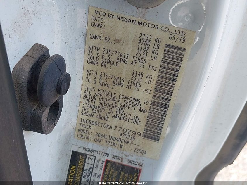 2019 Nissan Frontier VIN: 1N6BDOCTOKN770799 Lot: 43962429