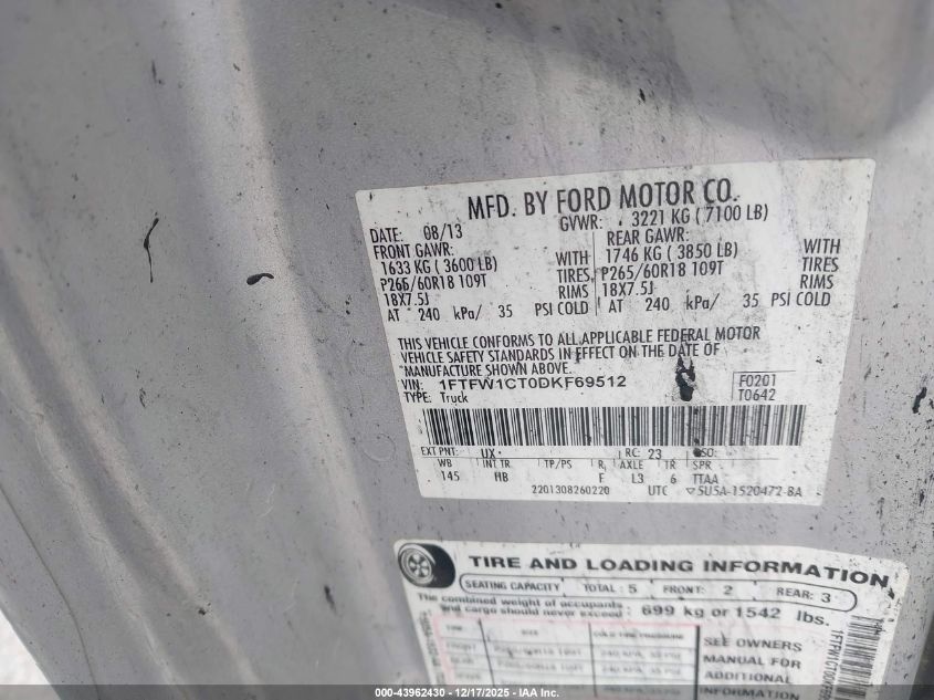 2013 Ford F-150 Lariat VIN: 1FTFW1CT0DKF69512 Lot: 43962430