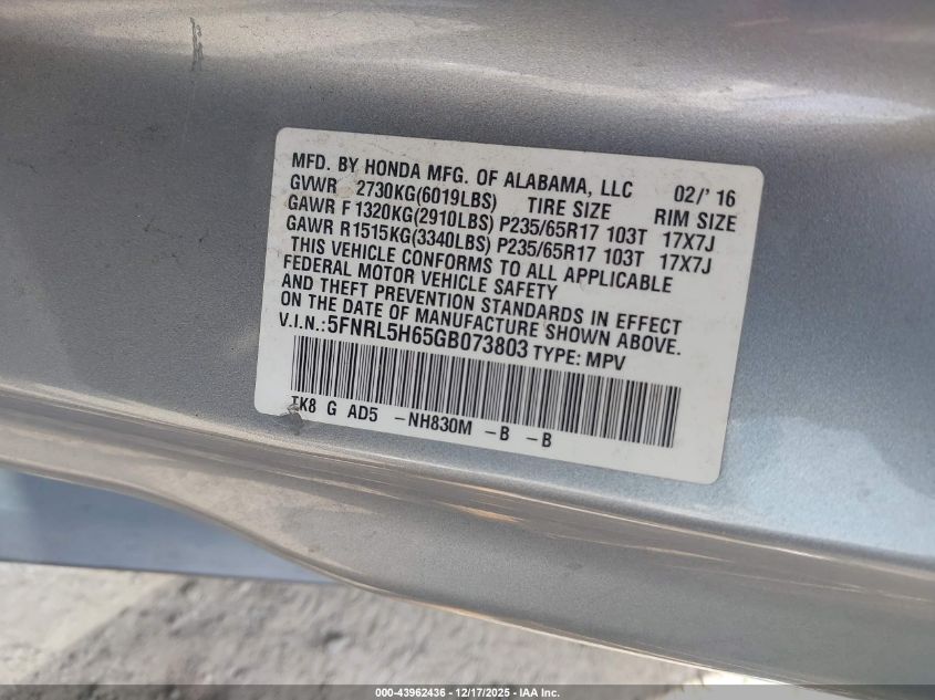 2016 Honda Odyssey Ex-L VIN: 5FNRL5H65GB073803 Lot: 43962436