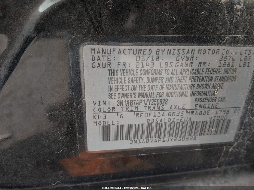 2018 Nissan Sentra Sv VIN: 3N1AB7AP1JY250828 Lot: 43962444