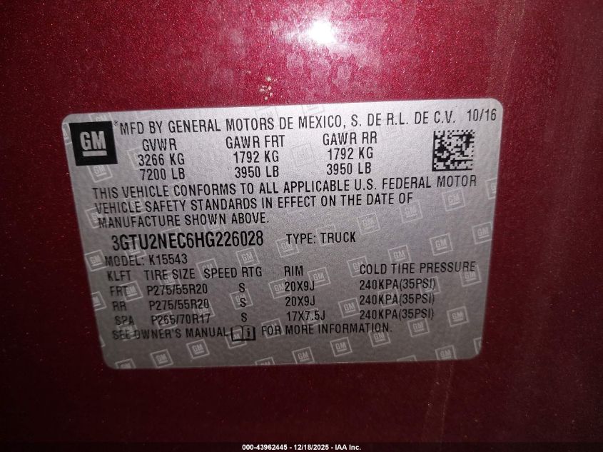 2017 GMC Sierra 1500 Slt VIN: 3GTU2NEC6HG226028 Lot: 43962445