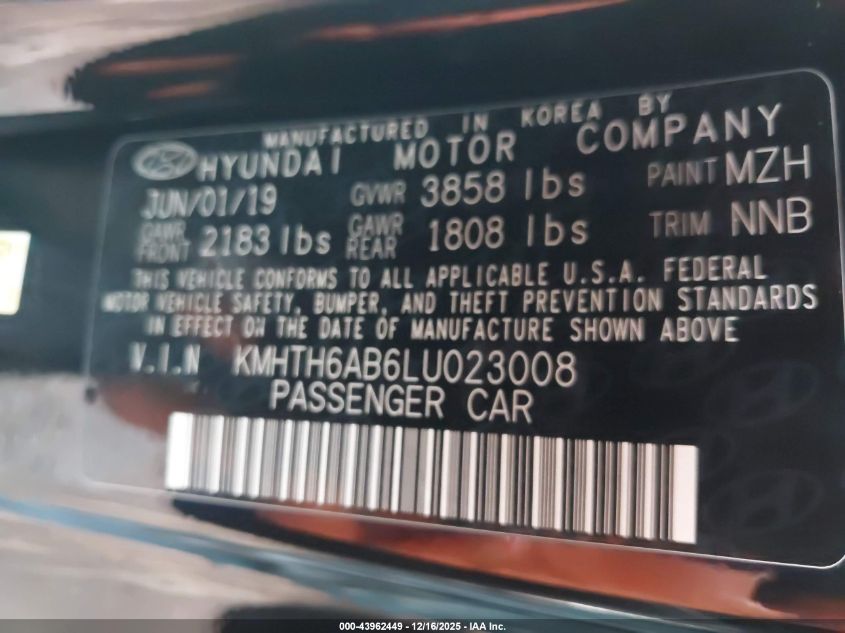 2020 Hyundai Veloster Turbo VIN: KMHTH6AB6LU023008 Lot: 43962449