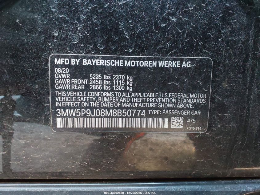 2021 BMW 3 Series 330E xDrive VIN: 3MW5P9J08M8B50774 Lot: 43962450