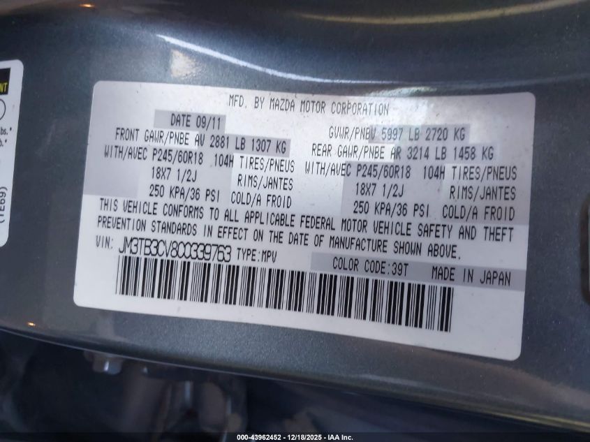 2012 Mazda Cx-9 Touring VIN: JM3TB3CV8C0339763 Lot: 43962452