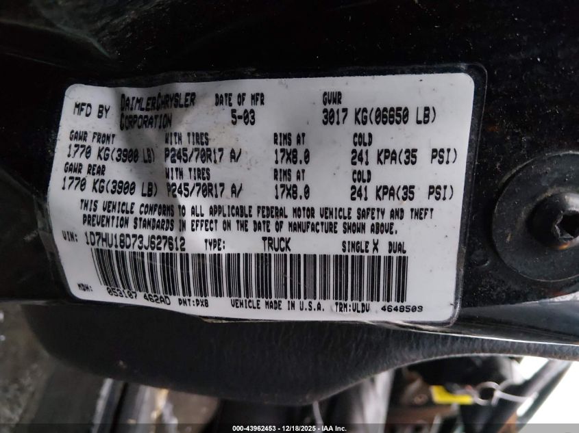 2003 Dodge Ram 1500 Slt/Laramie/St VIN: 1D7HU18D73J627612 Lot: 43962453